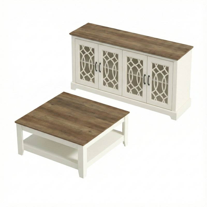 Ensemble de salon et table basse 2 pièces Weddel Basilico, Ivoire ivoire, Chêne noueux