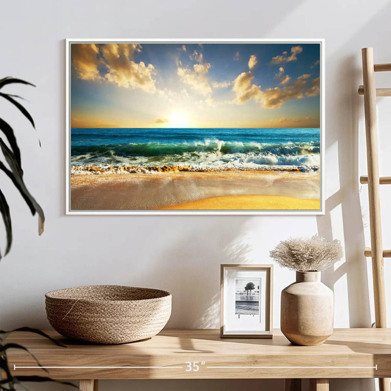 Coucher de soleil sur l'océan, 25 po x 17 po, Cadre flottant blanc