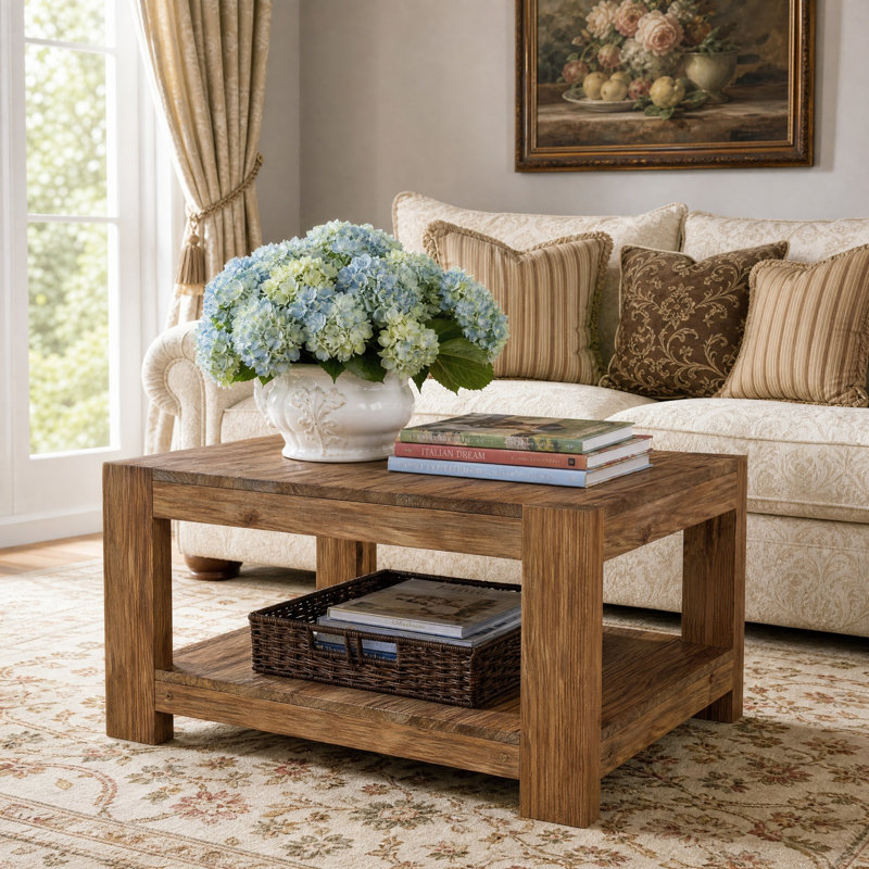 Table basse 31,5 "carrée en bois massif, table basse 2 niveaux