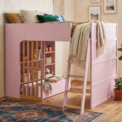 Lit mezzanine double avec tablettes, lit mezzanine en bois avec échelle et tablettes de rangement, rose et chêne naturel