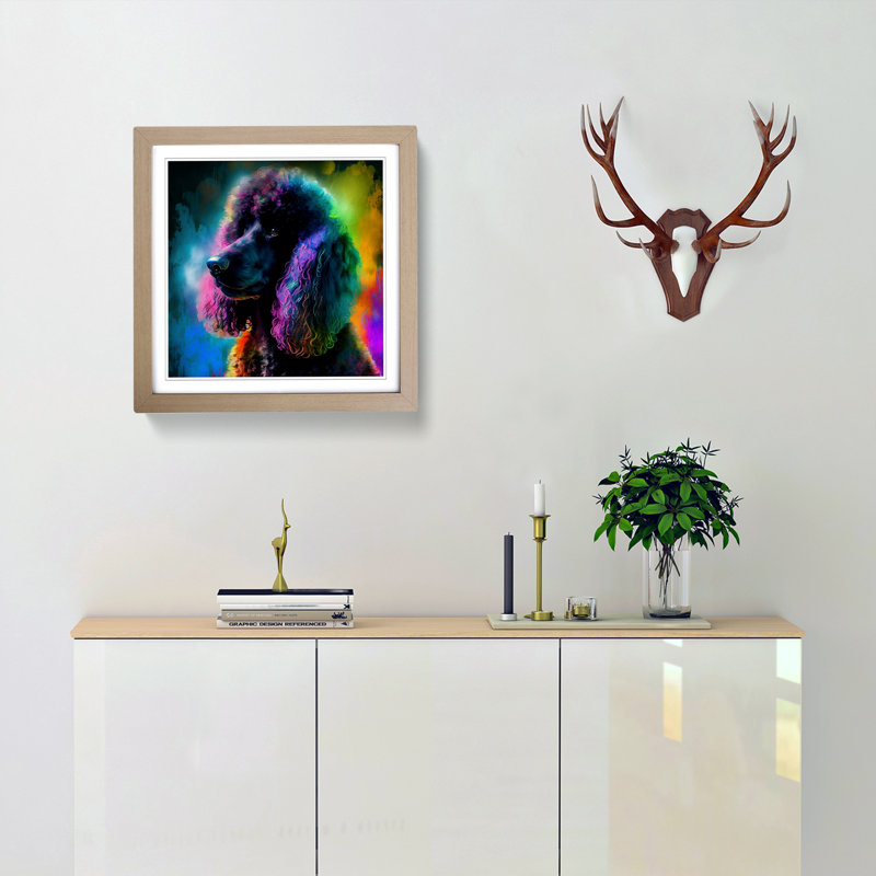 Poodle Dog Abstract Expressionism No.1 - Single Picture Frame Print on Wood, Oak
