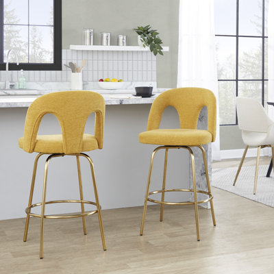 Tabouret de comptoir à hauteur fixe avec pivot en métal doré et tissu jaune avec repose-pieds rond en métal doré - ensemble de 2