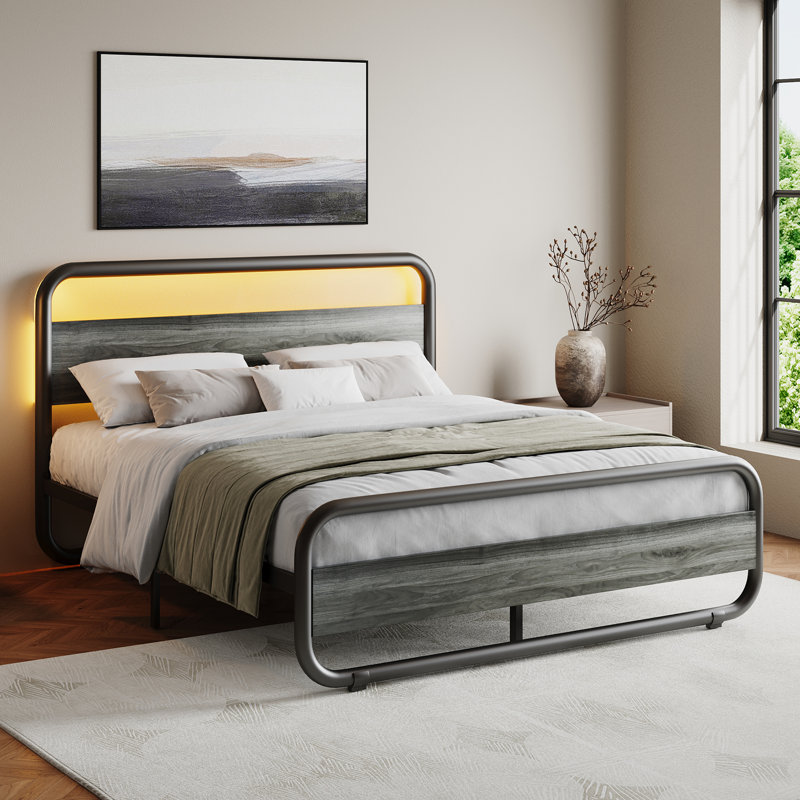 Metal  Bed Frame with LED Headboard and Footboard, Rustic Industrial Heavy Duty Wooden Platform Bed Frame with Under Bed Storage, Noise Free, No Box Spring Needed