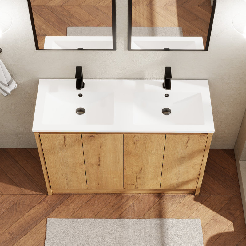 Ensemble de meuble-lavabo en bois avec lavabo double, robinet et bonde Sharee, Beige