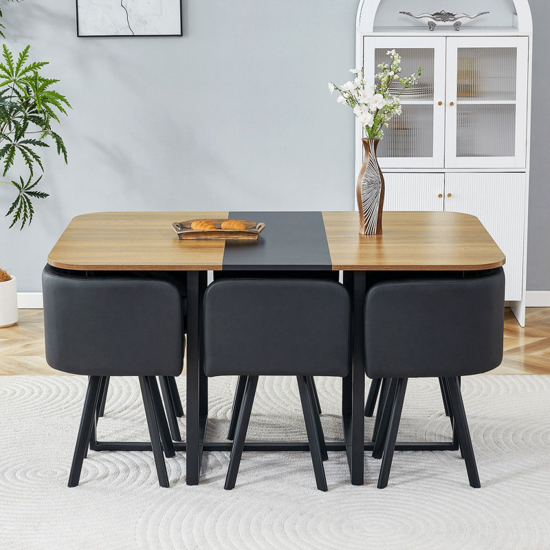 Ensemble de table à manger 7 pièces pour 6, 1 table et 6 chaises rembourrées en polyuréthane, et table en mélamine grain de bois, ensemble de cuisine moderne