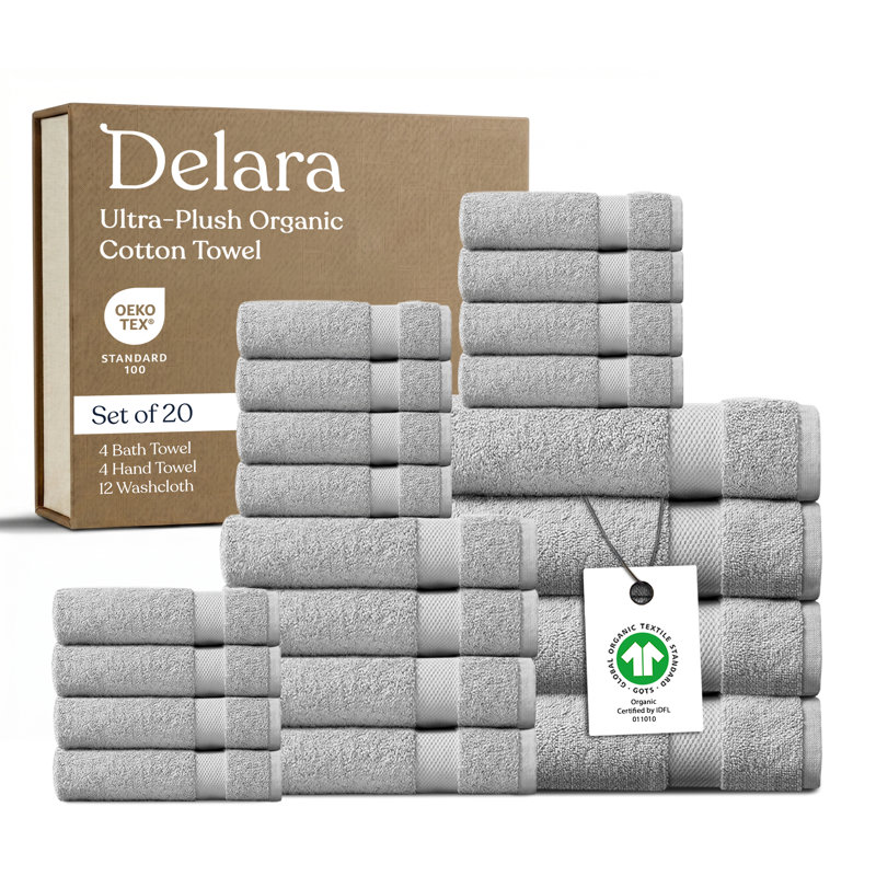 Delara Organic Cotton Plush Towel Set of 20, GOTS & OEKO-TEX Certified, 650 GSM, Soft, Quick-Dry, Absorbent, Hotel Quality