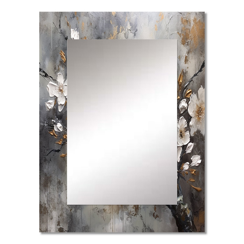 Blanc gris cerise Blossum Harmony I - miroir mural décoratif floral, miroir traditionnel, impression d'art en métal