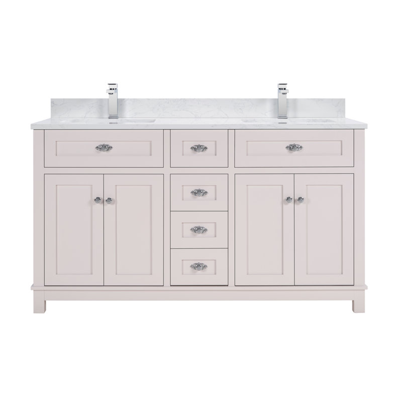 60" Finish Solid Wood Sink Vanity With 1' Artificial Stone Top, Dreamy White, Polished Chrome