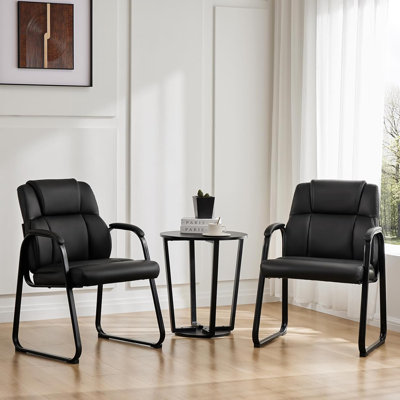 Waiting Room Guest Chair Set – Deep Black – Set Of 2, Stationary Office/Reception Chairs, Padded Arms, Solid Base