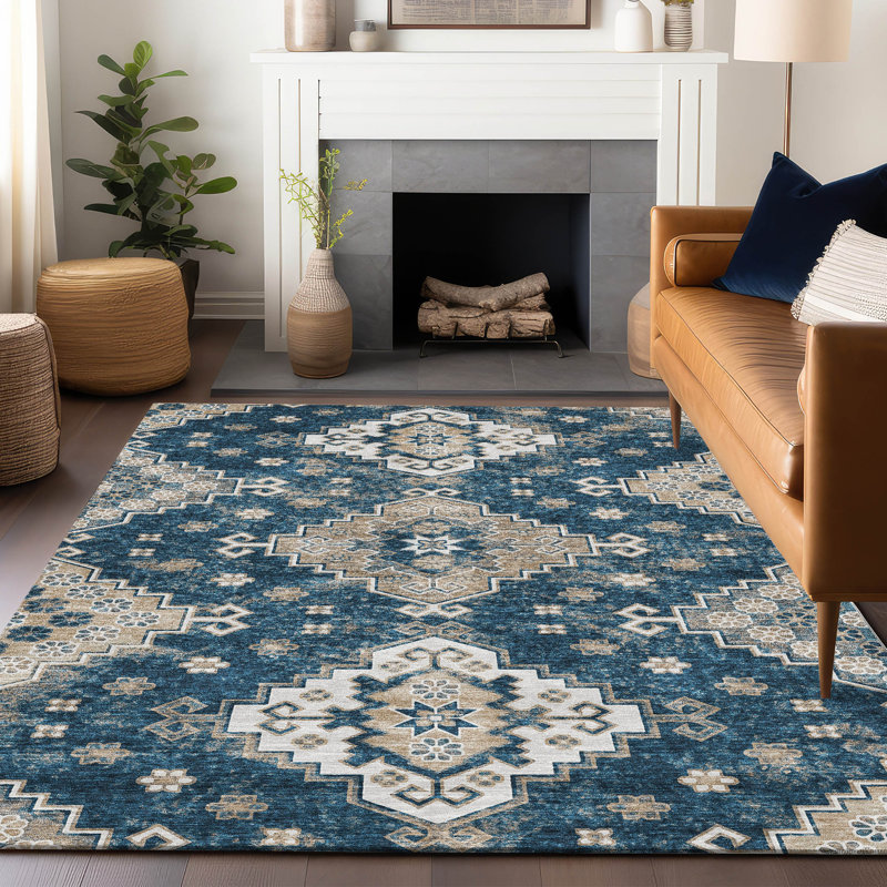 Tapis bleu marine de qualité supérieure lavable à la machine Prisco, Rectangulaire 3 pi x 5 pi