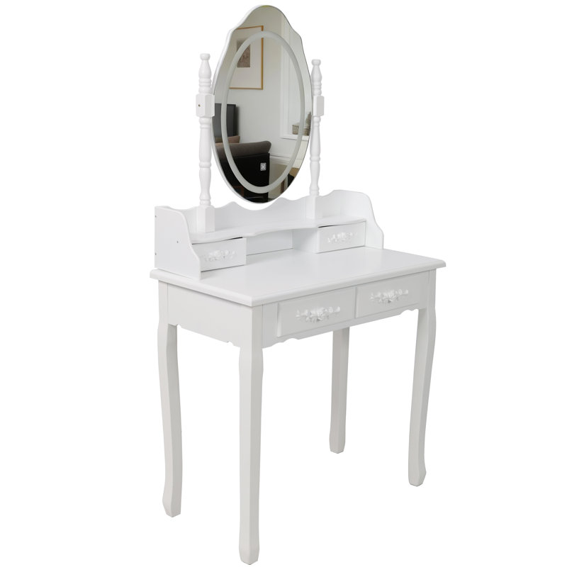 White Princess Vanity Desk Set with LED Light Mirror & Cushioned Stool, 4-Drawer Makeup Table for Bedroom, Dressing Table with Ample Storage and Modern Design