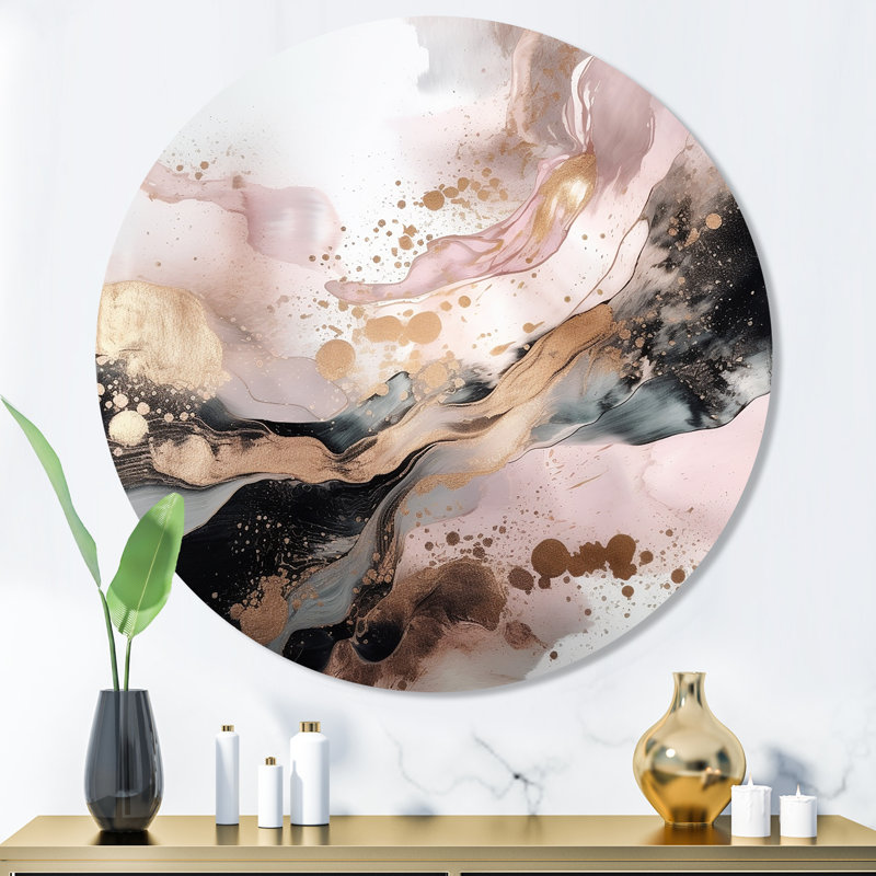 «Pink Gold Splash», art mural rond en marbre abstrait sur métal, H 36 po x l 36 po x P 1 po