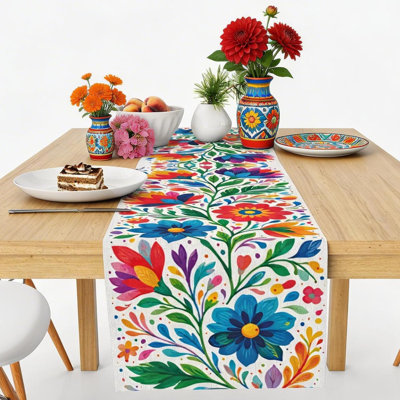 Cinco De Mayo Decorations - Mexican Floral Table Runner for Fiesta Party Decorations | Mexican Theme Birthday Decorations Taco Accessories Home Dining Room Kitchen Table Decor