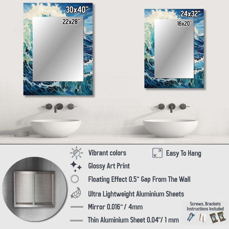 Coastal Waves Of Wonder VII - miroir mural, miroir décoratif côtier, reproduction d'art en métal, 40 po x 30 po