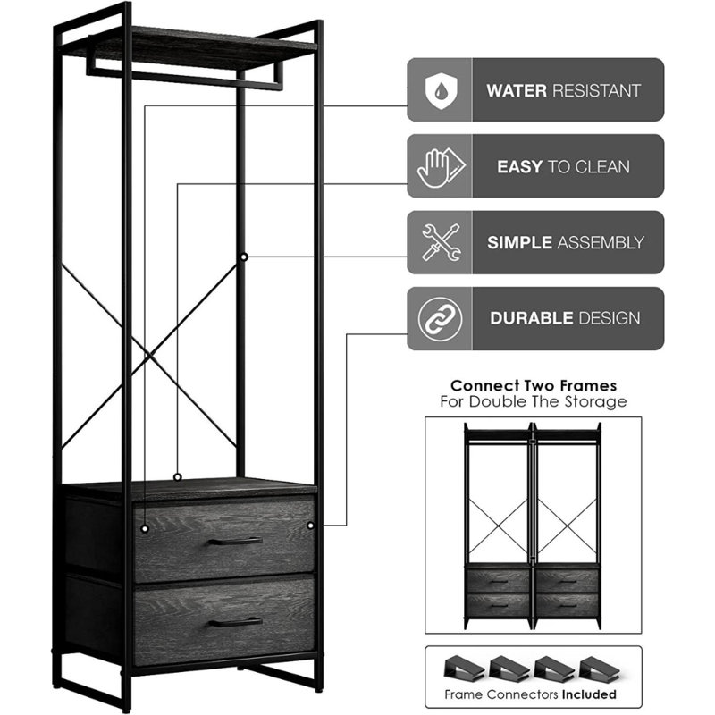 Portable Black and Gray Wood Clothing Rack with Drawers