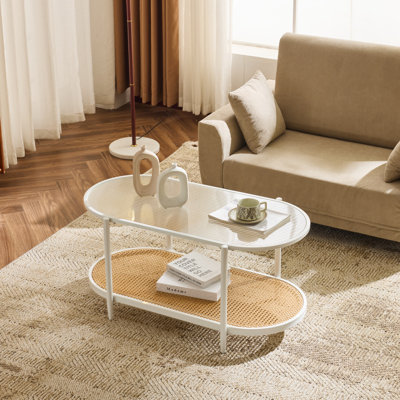 Table basse ovale en fer blanc jumelée à du verre Changhong + table basse à double couche en rotin tissé PVC 