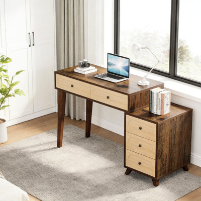 Bureau d'ordinateur à 5 tiroirs, bureau spacieux et grand espace pour les jambes pour le confort, placement réglable pour les utilisateurs gauchers ou droitiers, look industriel rétro, bois d'ingénierie brun rustique, 46,38 po