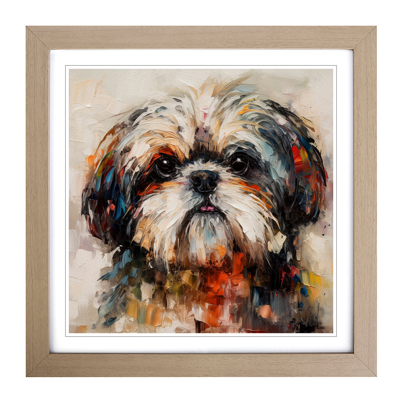 Shih Tzu Palette Knife Painting - Single Picture Frame Print on Wood, Oak