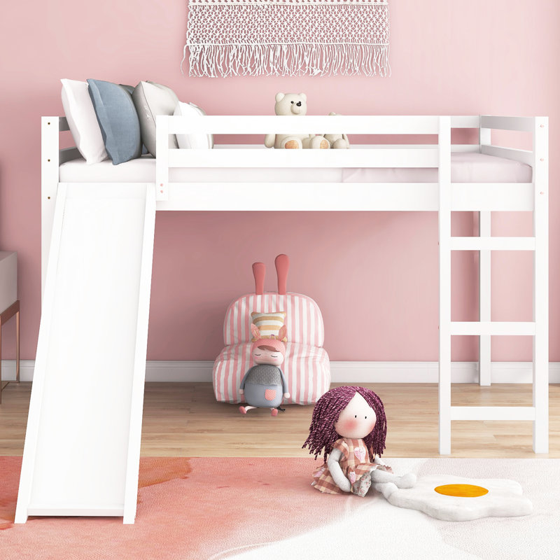 White Loft Bed With Slide - Built Solid Wood Frame Advantageous Made From