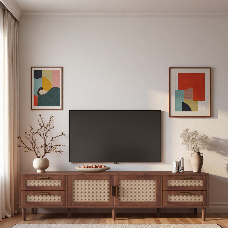 Meuble télé moderne avec 4 tiroirs, 2 rangements fermés et portes en rotin