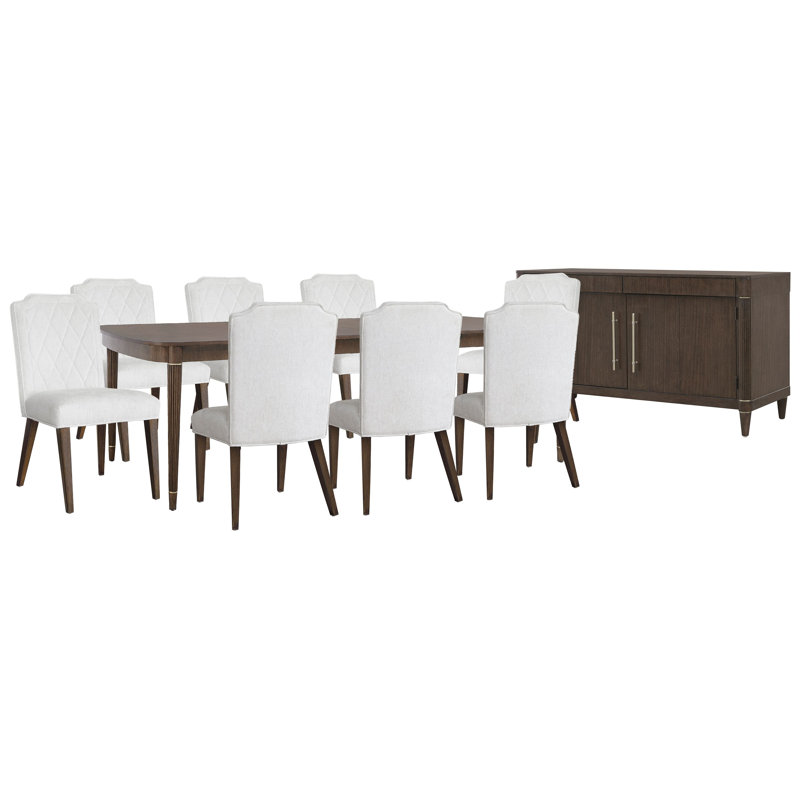 Leg Dining Table With 8 Upholstered Side Chairs And Server, 10 Pcs: Table, 8 Chairs, Server