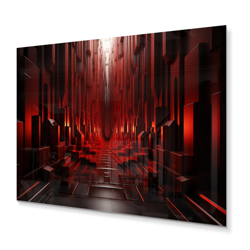 Abstrait carré rouge en bois avec tunnel I - décoration murale en métal Tunnels, H 16 po x l 32 po x P 1 po