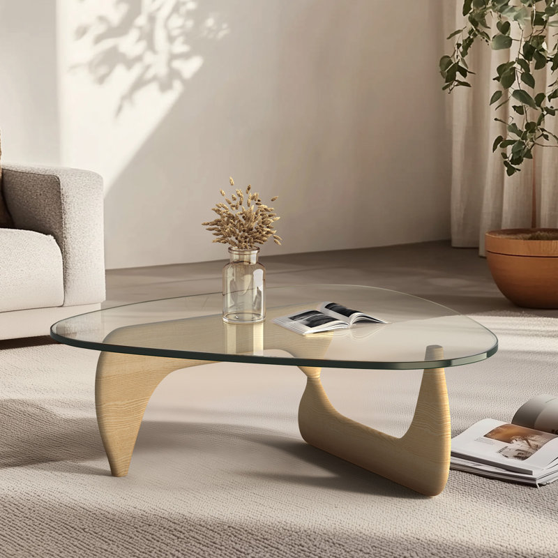 15Mm (0.59") Extra-Thick Glass Triangle Coffee Table With Solid Wood Base, Mid-Century Modern Style, Natural
