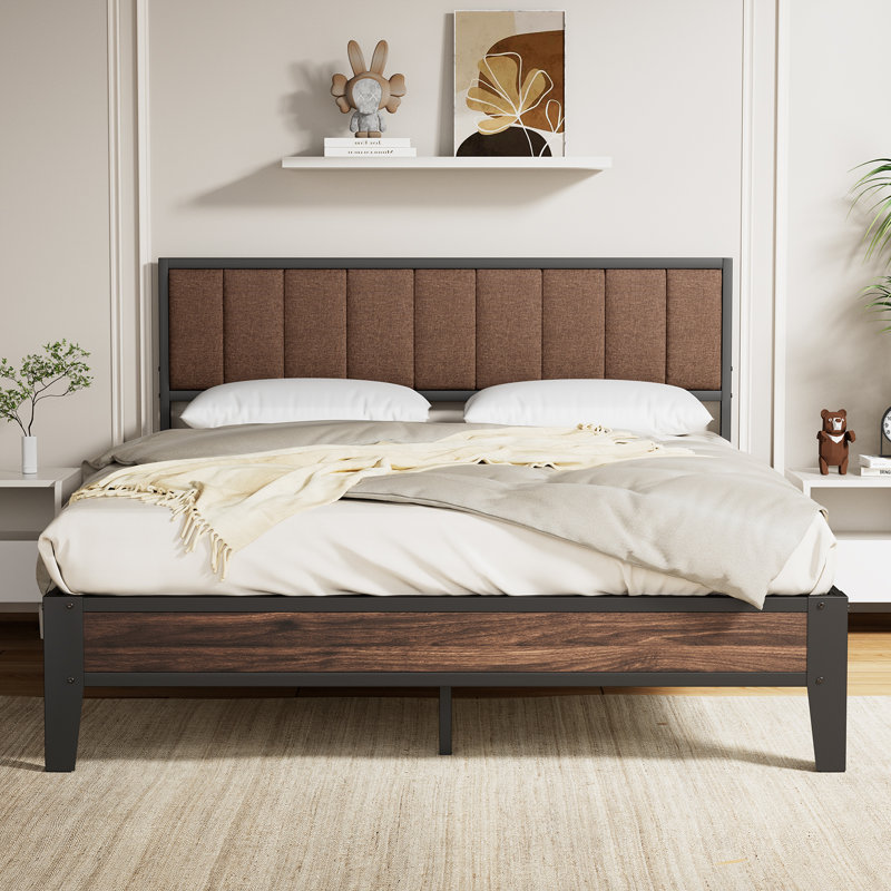 Upholstered Bed Frame with Headboard Platform Bed Frame, Queen, Brown
