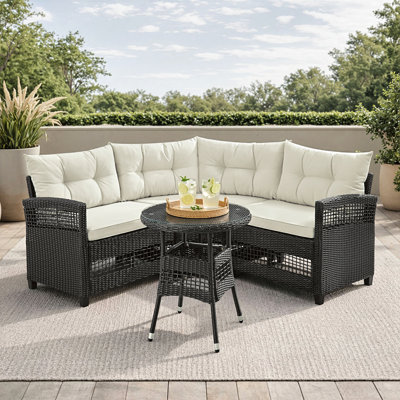 Bogovic 3-Person Boho-Style Wicker Sectional Seating Group With Cushions