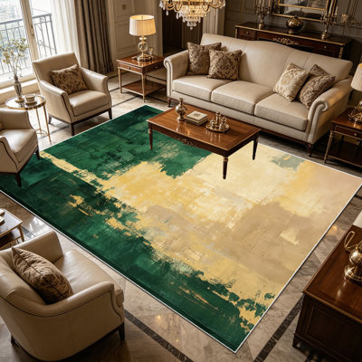 Tapis de salle de bain à motif abstrait vert émeraude en bloc beige 1pc pour salon, doux, toutes saisons, facile à entretenir, tapis d'intérieur lavable, maison de campagne convenant à la salle à manger, à la chambre à coucher, au vestibule ...