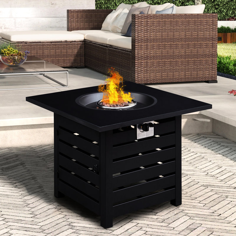 50,000 Auto - Ignition Propane Gas Fire Pit Table, 32 Inch Square, , Textured Frame Design, Ideal For Outdoor Retreats Square Table With Gas, Waterproof Cover, Stainless Steel Basin, Great Backyard