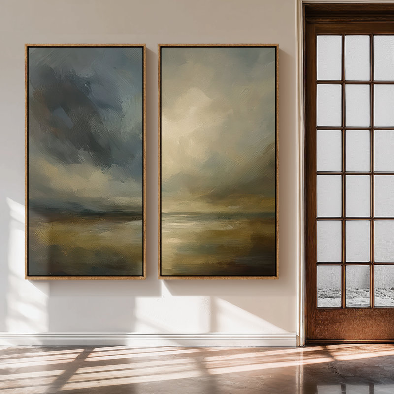 «Stormy Horizon Cloudscape Art For Room», ensemble de 2 reproductions d'art encadrées sur toile 60 po 2 pièces, Naturel