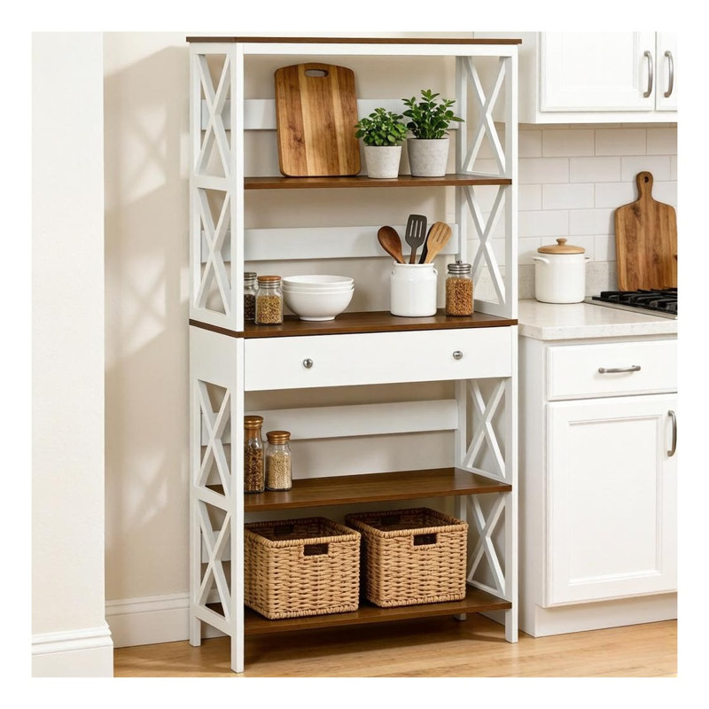 Étagère de rangement à 5 niveaux avec tiroir, bibliothèque en noyer et blanc pour salon ou bureau, bois d'ingénierie