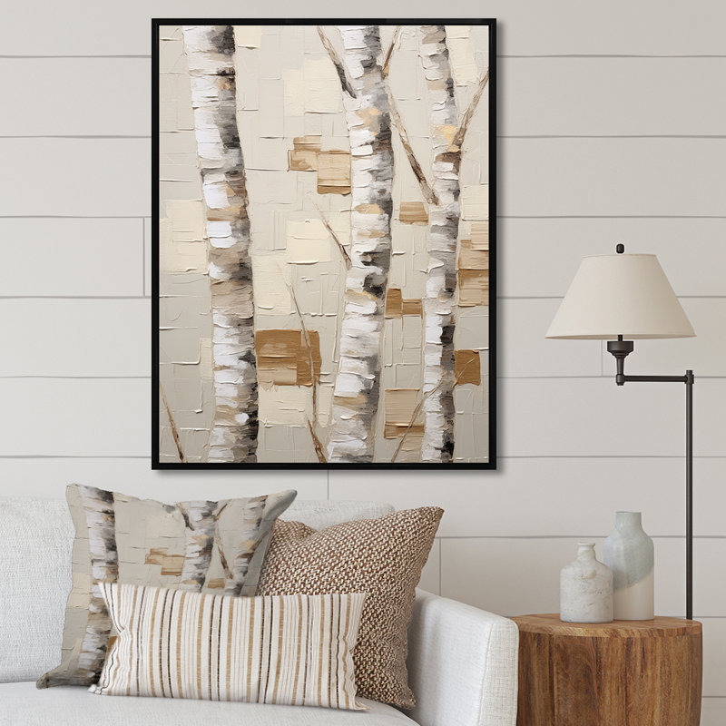 «Beige minimalisme arbre bouleau I» sur toile, H 32 po x l 16 po x P 1 po, Cadre flottant noir