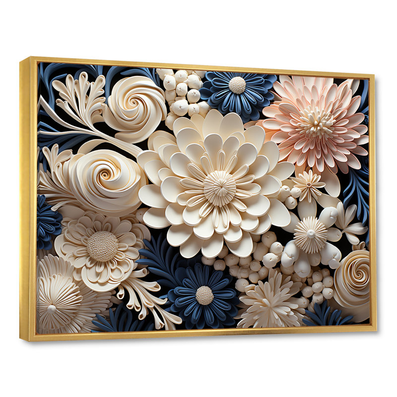 Collage de fleurs de corail blanc et bleu sur toile, Cadre flottant doré, H 30 po x l 40 po x P 1,5 po