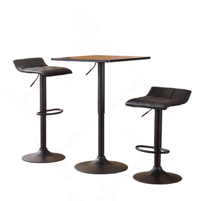 Black Square Top Adjustable Height With Black Leg And Base Metal Bar Table And 2 Swivel Black Bonded Leather Bar Sets
