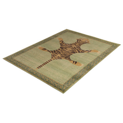 Classic Pictorial Tiger Rug Green Orange Custom Pattern By Rug & Kilim
