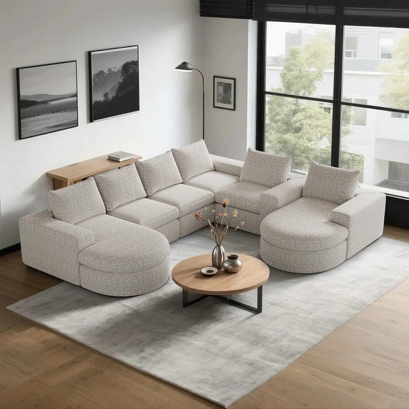 Canapé modulaire en chenille avec méridienne courbée et rembourrée, Chenille beige