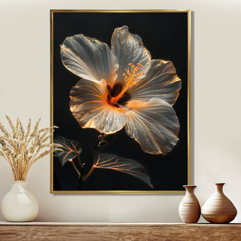  «Hibiscus fleur orange cristal lueur - décoration murale hibiscus, Toile avec cadre flottant or