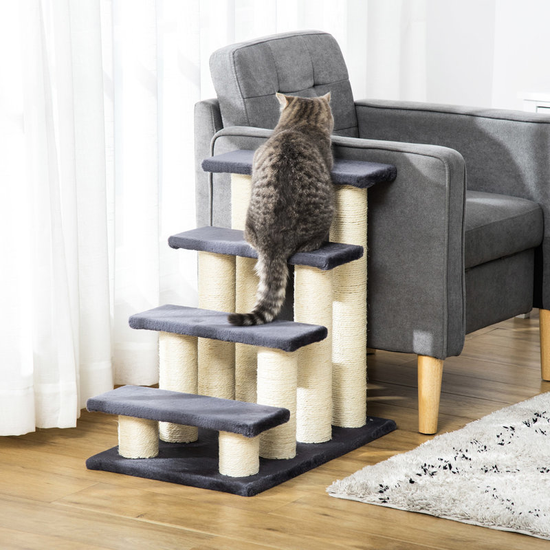 Arbre de renforcement pour os gris avec 4 marches, poteau à griffer pour chats d'intérieur et chiots, tour d'entraînement en forme d'escalier, gris