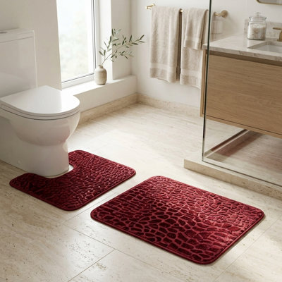 Ensemble de tapis de salle de bain à motif de cailloux, tapis de bain et de toilette 2 pièces, tapis antidérapant doux et absorbant rouge, tapis de bain lavable à la machine et tapis de toilette contour, 39,5 po x 23,5 po + 20 po x 23,5 po