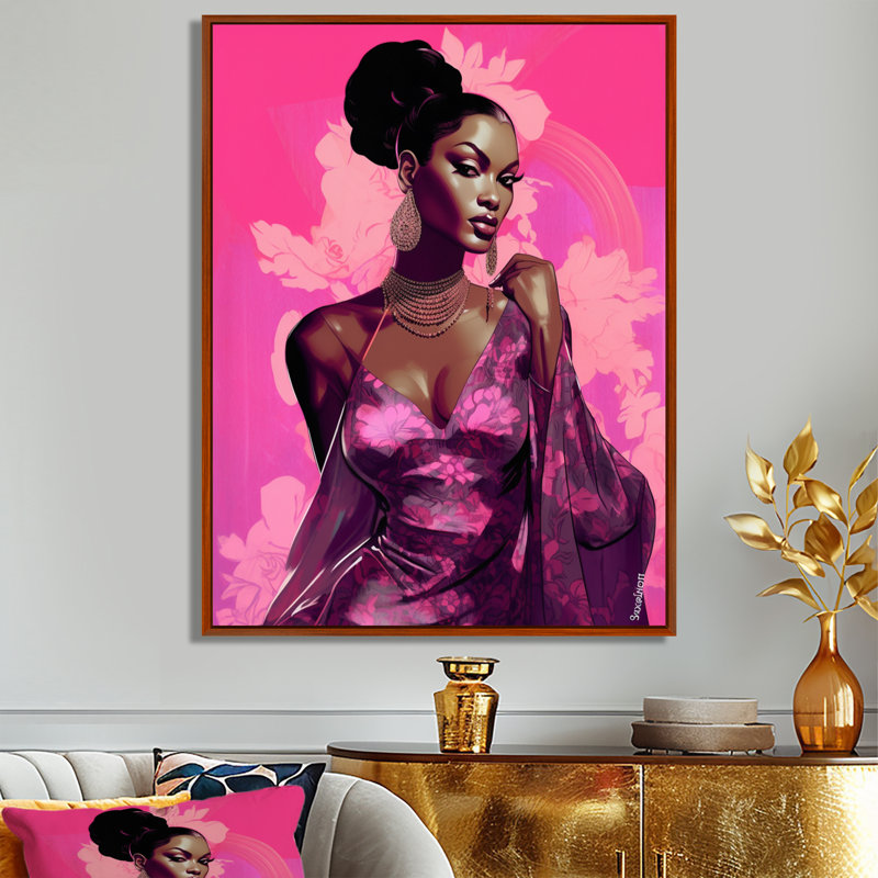 «Retro Fashion Glam Model» en rose magenta - art mural encadré femme afro-américaine, 32" H x 16" W, Black Picture Framed