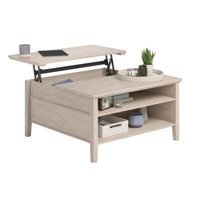 Brown Lift - Top Coffee Table With Oak Like Finish, For Work Brainstorming, Hidden Storage Books, Open Shelving, Finished All Around, Space Saving In Small Think Tanks, 36.14X19.29 Inches Table,