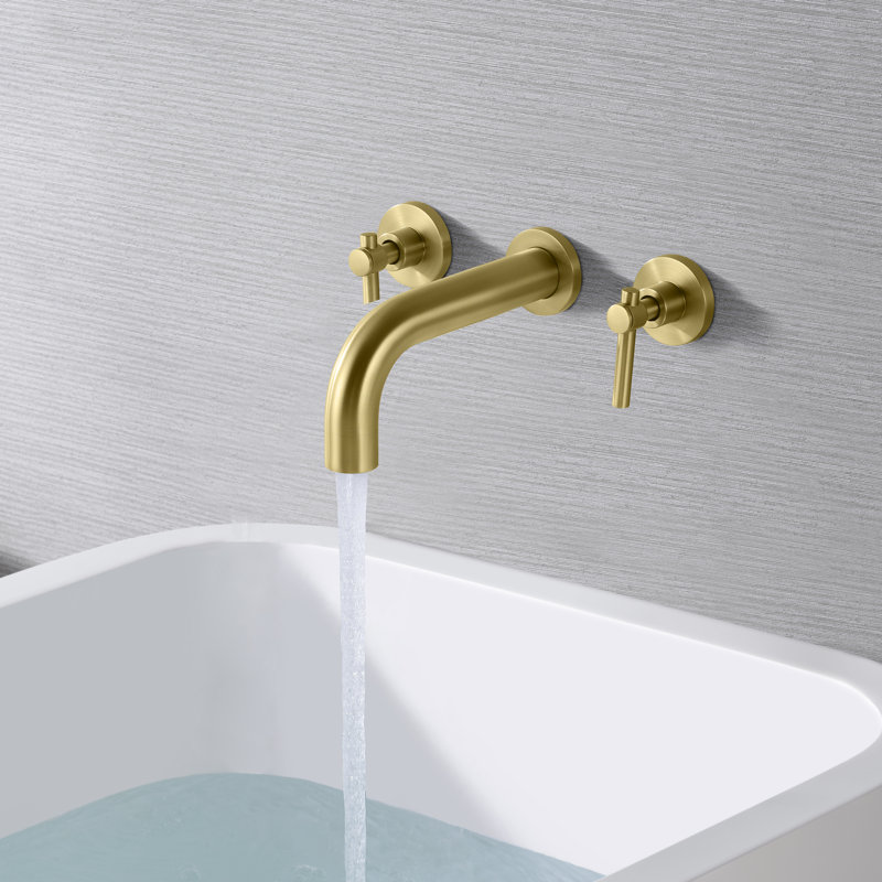SUMERAIN Two Lever Handle Wall Mount Tub Faucet, Tub Filler with Brass Valve, Brushed Gold