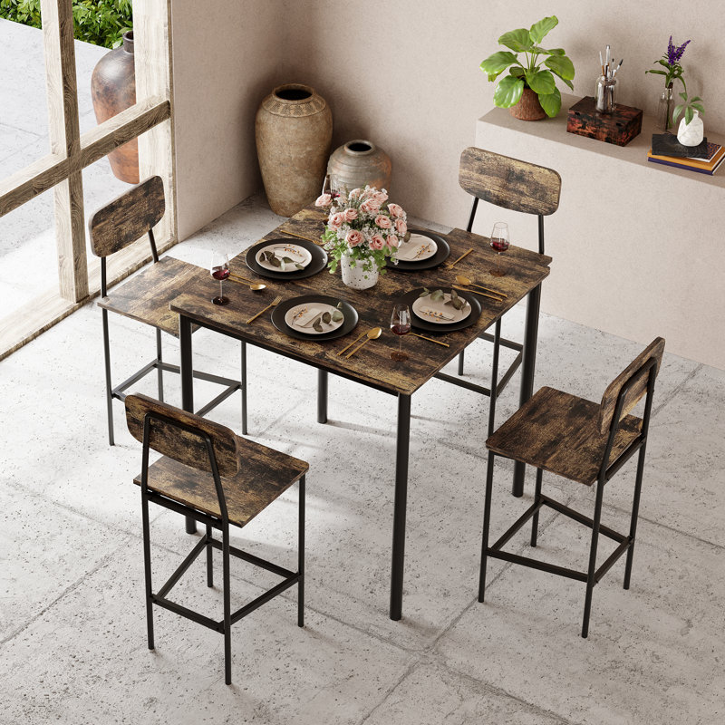 Table et chaises de cuisine pour 4 personnes avec un design peu encombrant, Brun, Brun