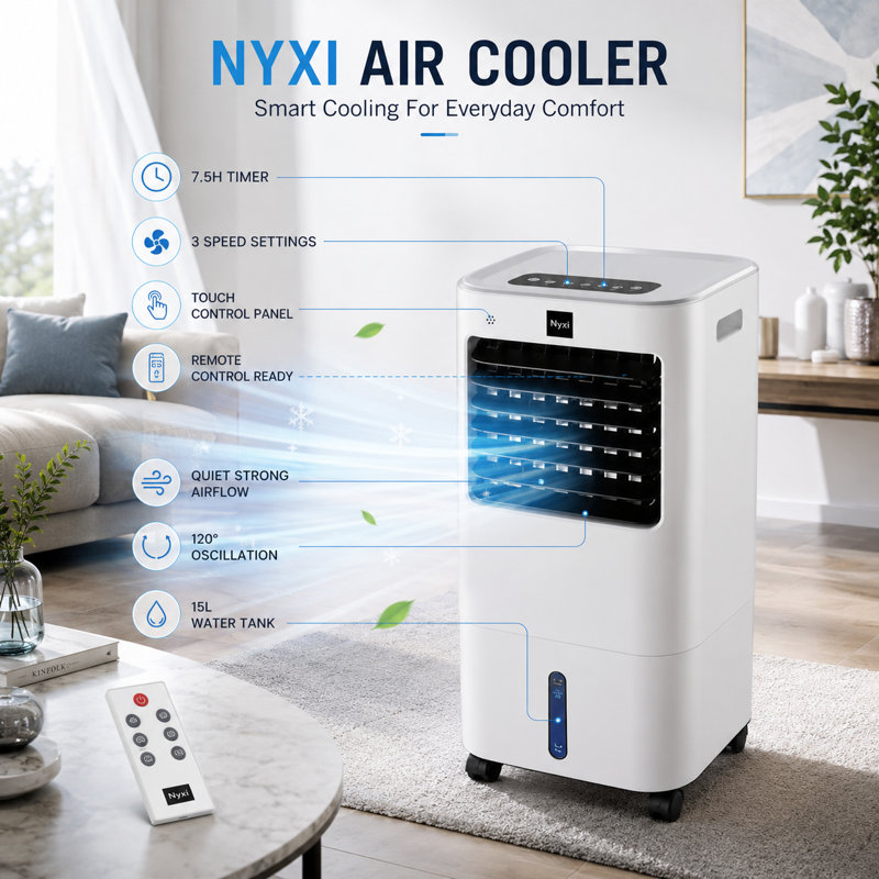 Nyxi 15L Portable Evaporative Air Cooler with Remote Control, LED Display and 120 Degree Oscillation