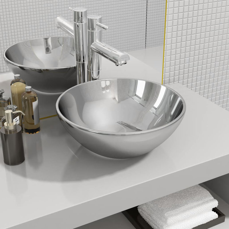 Fairmont Park Westward Ho! Ceramic Circular Sink, 14cm H x 32.5cm W x 32.5cm D, Silver