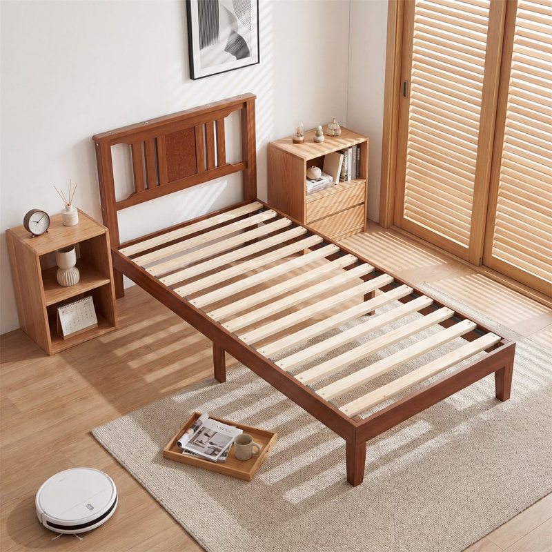 Mid Century Solid Wood Platform Bed with Headboard, Wood Slat Support, No Box Spring Needed, Twin