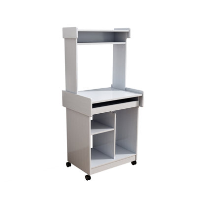 White Colour Microwave Cart For Coffee & Computer Station, Locking Castors And Gliding Shelf Peculiarity Station Setup, Usefulness