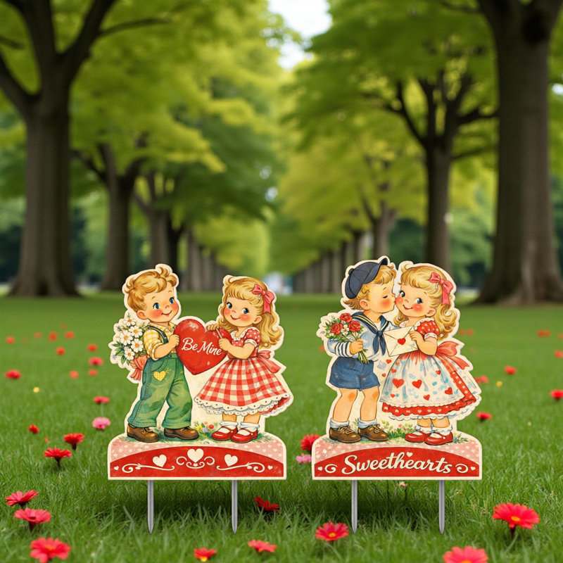 Ensemble de panneaux de jardin haut de gamme pour la Saint-Valentin – Motif de cœurs vintage – Décoration extérieure de 30 cm avec piquets, style années 50